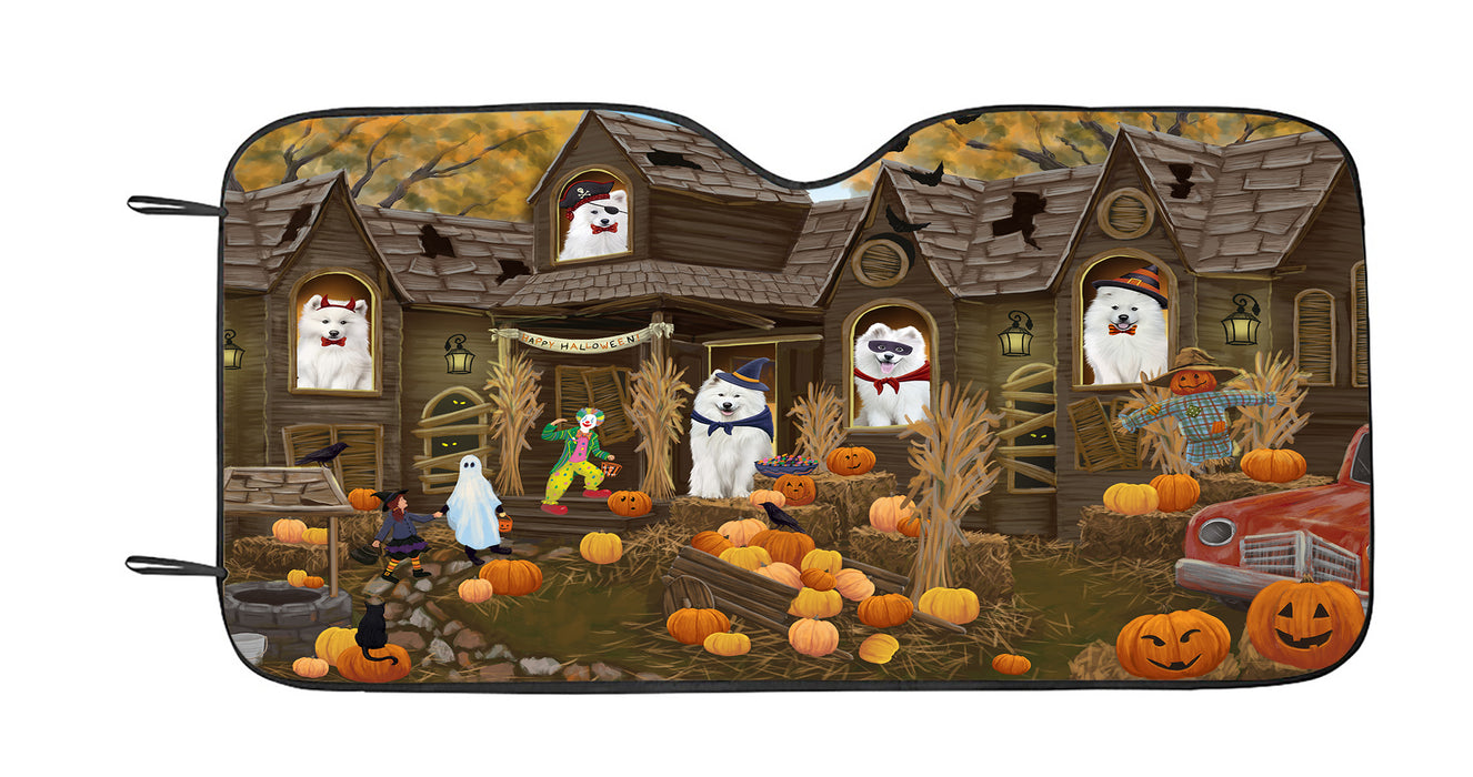 Haunted House Halloween Trick or Treat Samoyed Dogs Car Sun Shade