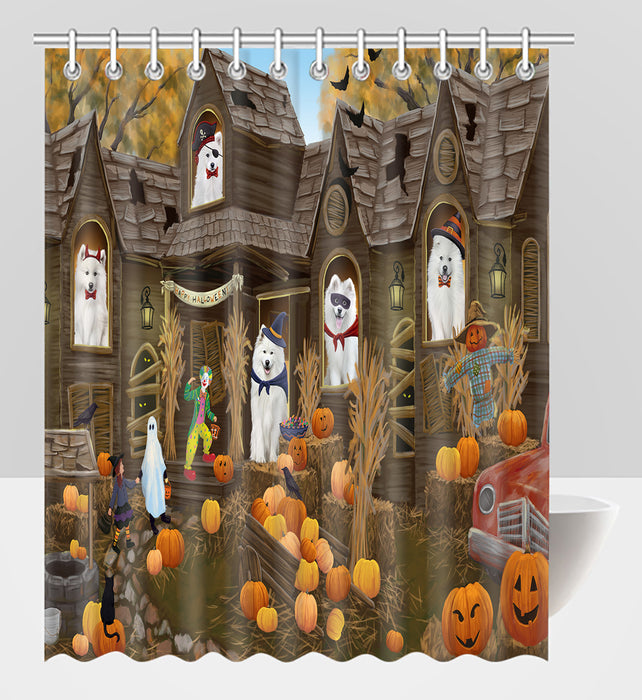 Haunted House Halloween Trick or Treat Samoyed Dogs Shower Curtain