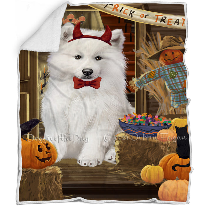 Enter at Own Risk Trick or Treat Halloween Samoyed Dog Blanket BLNKT96699