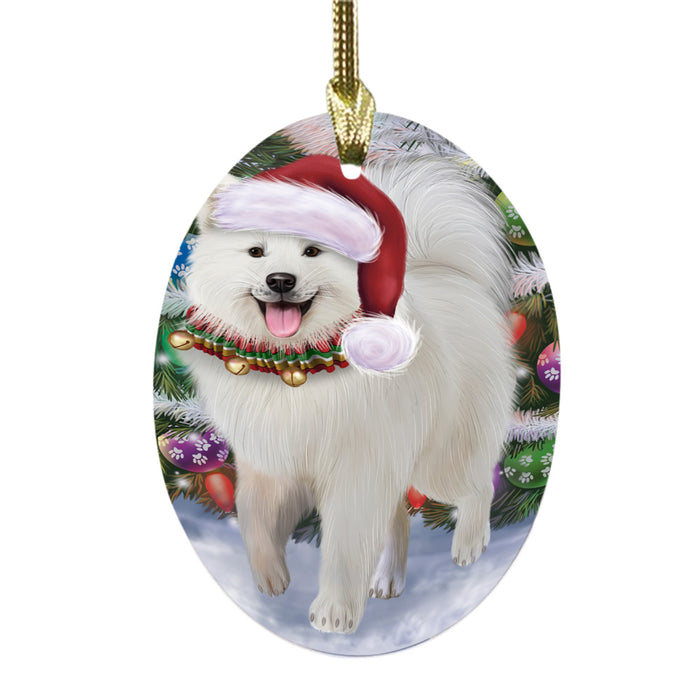 Trotting in the Snow Samoyed Dog Oval Glass Christmas Ornament OGOR49459