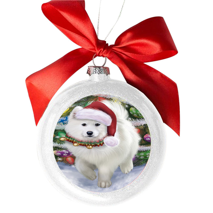 Trotting in the Snow Samoyed Dog White Round Ball Christmas Ornament WBSOR49460