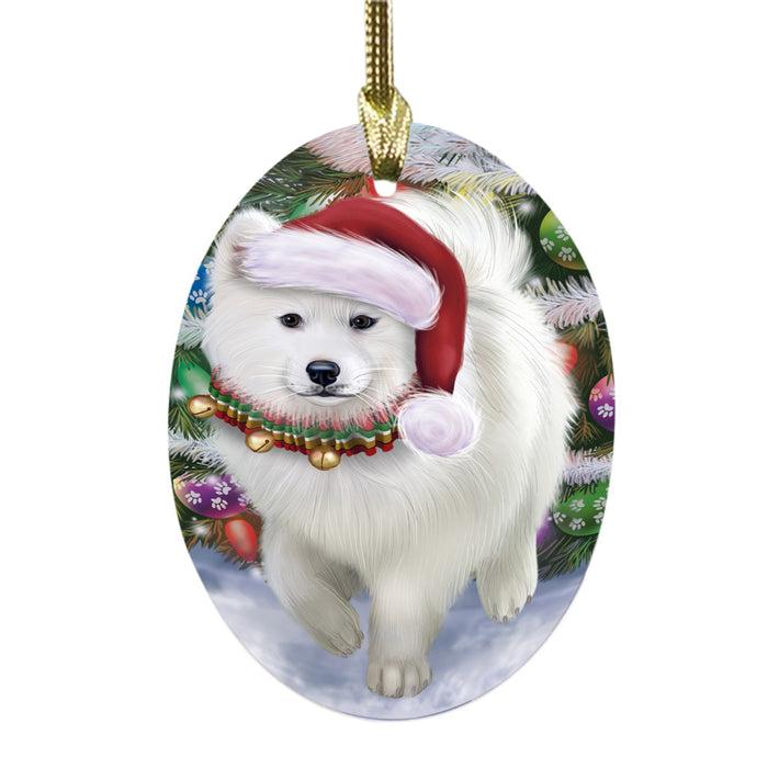Trotting in the Snow Samoyed Dog Oval Glass Christmas Ornament OGOR49460
