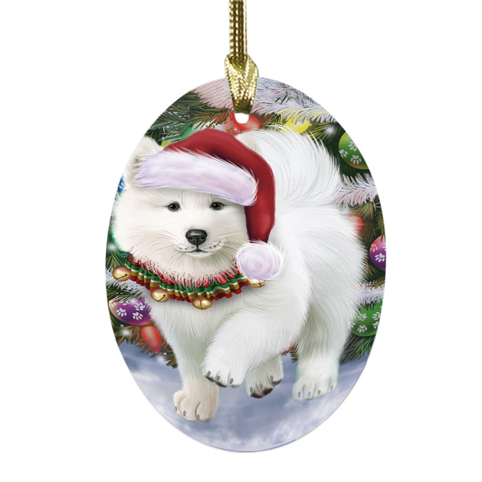 Trotting in the Snow Samoyed Dog Oval Glass Christmas Ornament OGOR49461