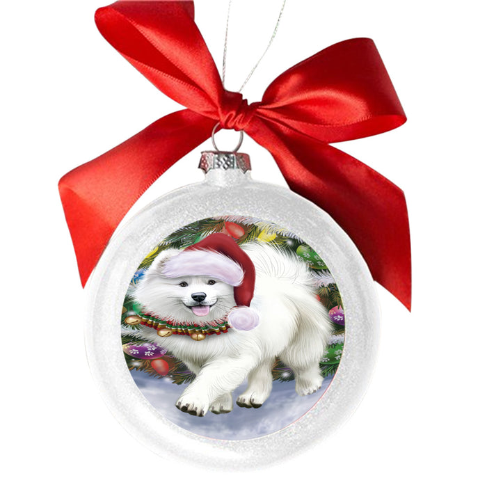 Trotting in the Snow Samoyed Dog White Round Ball Christmas Ornament WBSOR49462