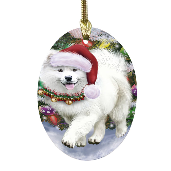 Trotting in the Snow Samoyed Dog Oval Glass Christmas Ornament OGOR49462
