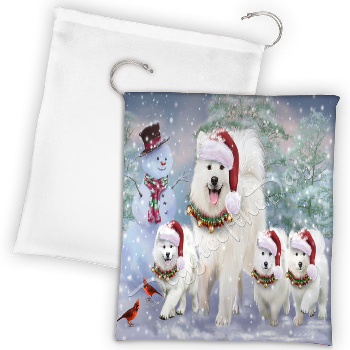 Christmas Running Fammily Samoyed Dogs Drawstring Laundry or Gift Bag LGB48247