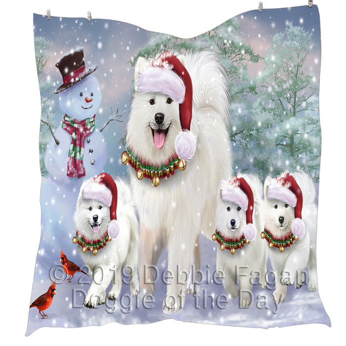 Christmas Running Fammily Samoyed Dogs Quilt