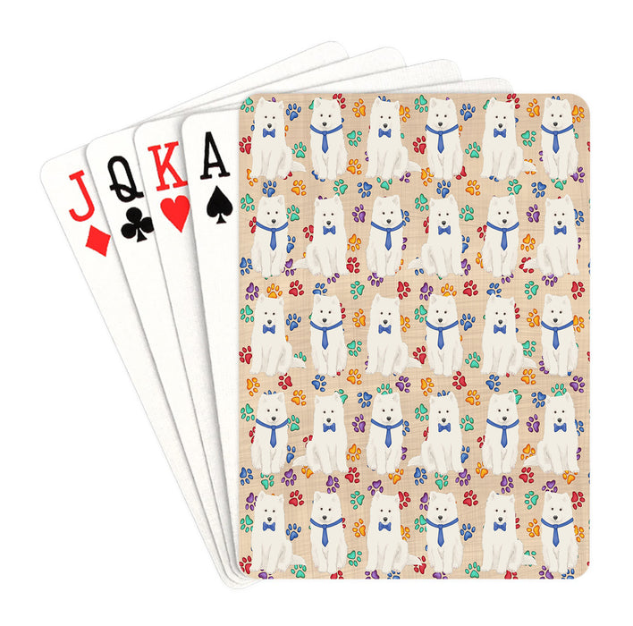 Rainbow Paw Print Samoyed Dogs Blue Playing Card Decks