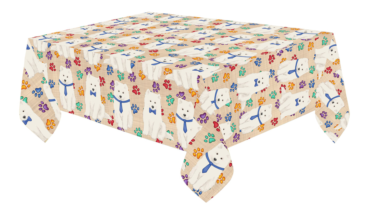 Rainbow Paw Print Samoyed Dogs Blue Cotton Linen Tablecloth