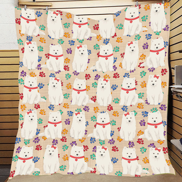 Rainbow Paw Print Samoyed Dogs Red Quilt