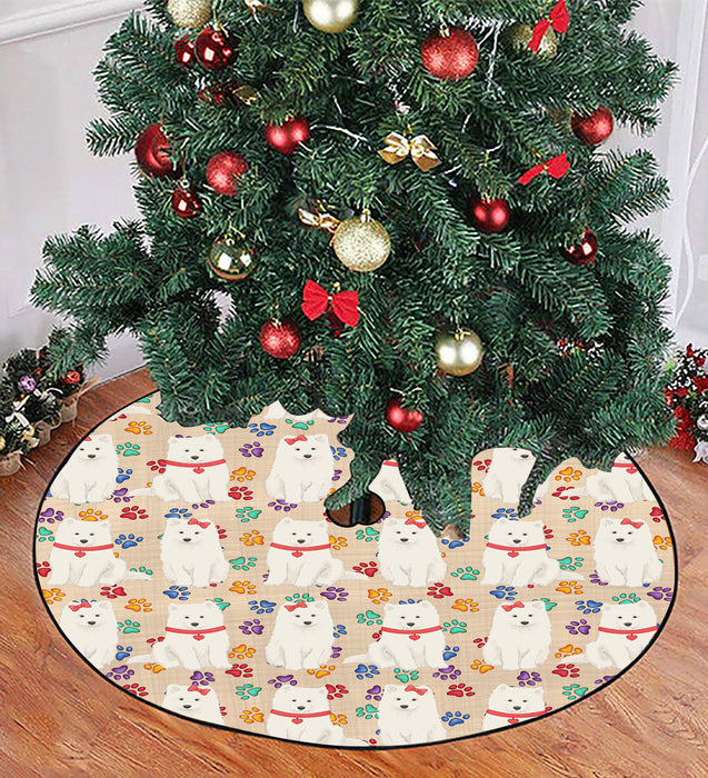 Rainbow Paw Print Samoyed Dogs Red Christmas Tree Skirt