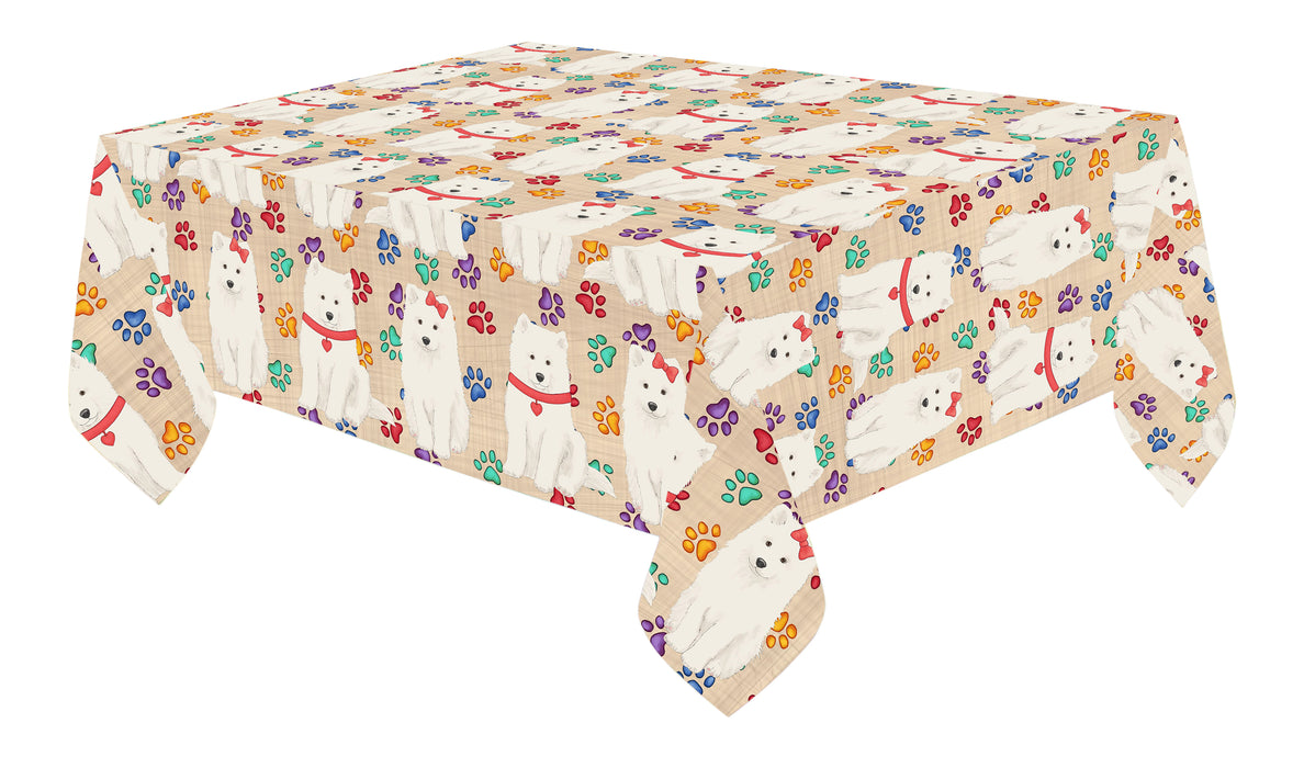 Rainbow Paw Print Samoyed Dogs Red Cotton Linen Tablecloth