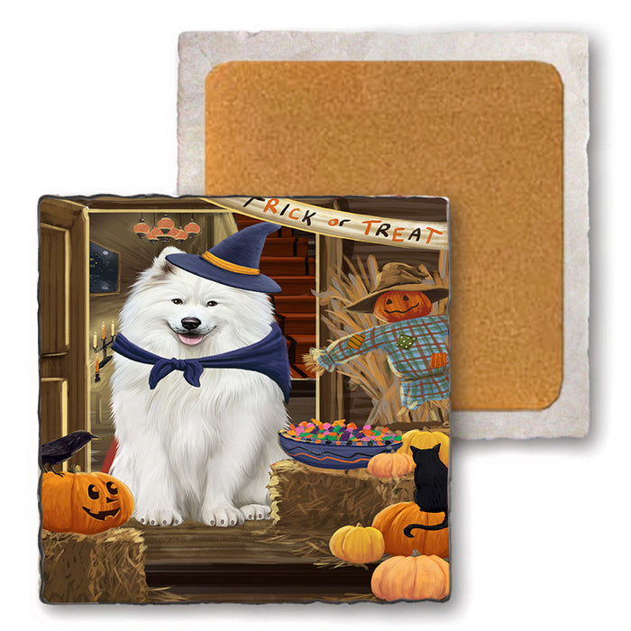 Enter at Own Risk Trick or Treat Halloween Samoyed Dog Set of 4 Natural Stone Marble Tile Coasters MCST48259