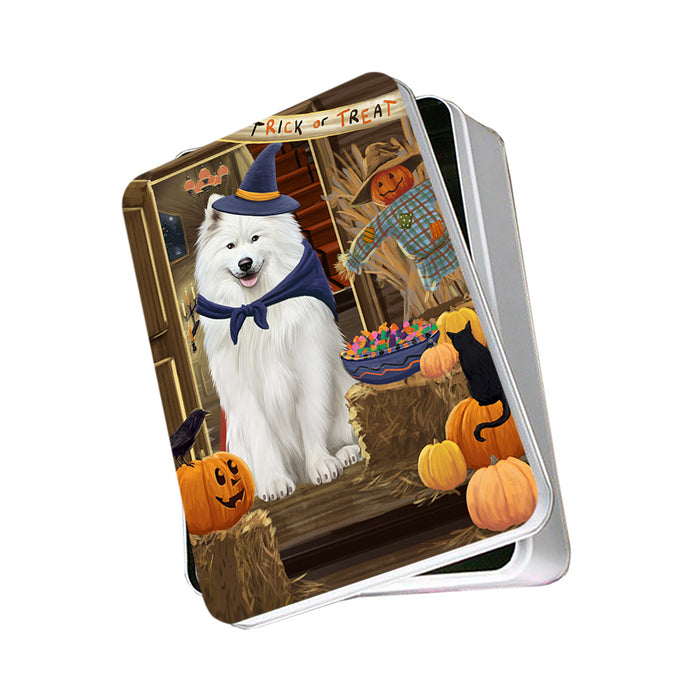 Enter at Own Risk Trick or Treat Halloween Samoyed Dog Photo Storage Tin PITN53259