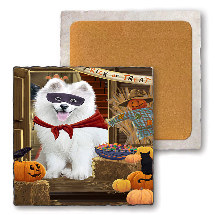 Enter at Own Risk Trick or Treat Halloween Samoyed Dog Set of 4 Natural Stone Marble Tile Coasters MCST48260