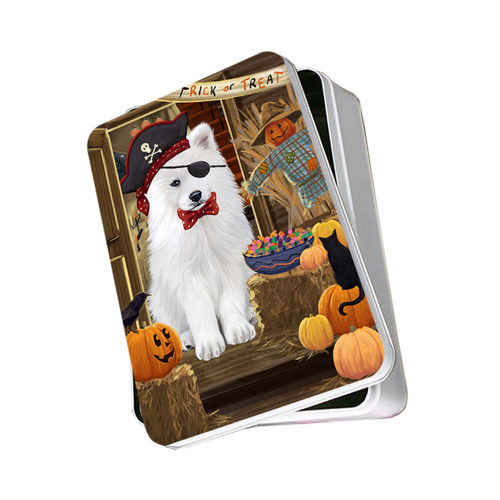Enter at Own Risk Trick or Treat Halloween Samoyed Dog Photo Storage Tin PITN53261