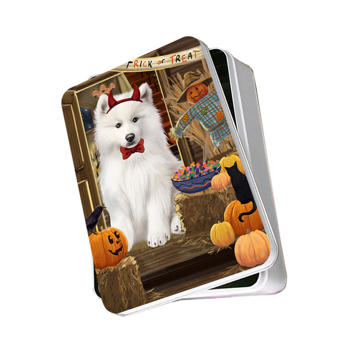 Enter at Own Risk Trick or Treat Halloween Samoyed Dog Photo Storage Tin PITN53262