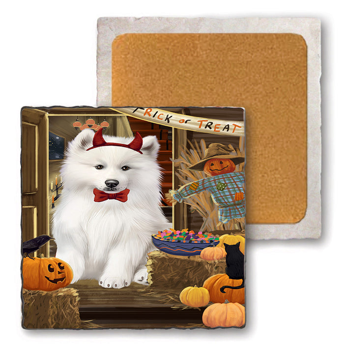 Enter at Own Risk Trick or Treat Halloween Samoyed Dog Set of 4 Natural Stone Marble Tile Coasters MCST48262