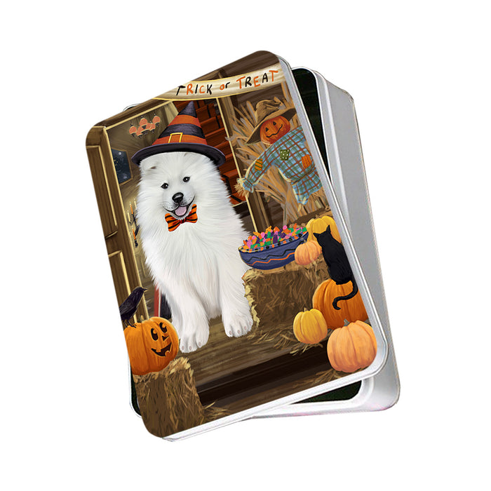 Enter at Own Risk Trick or Treat Halloween Samoyed Dog Photo Storage Tin PITN53263