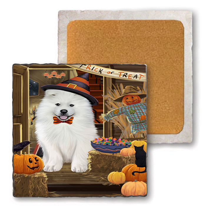 Enter at Own Risk Trick or Treat Halloween Samoyed Dog Set of 4 Natural Stone Marble Tile Coasters MCST48263