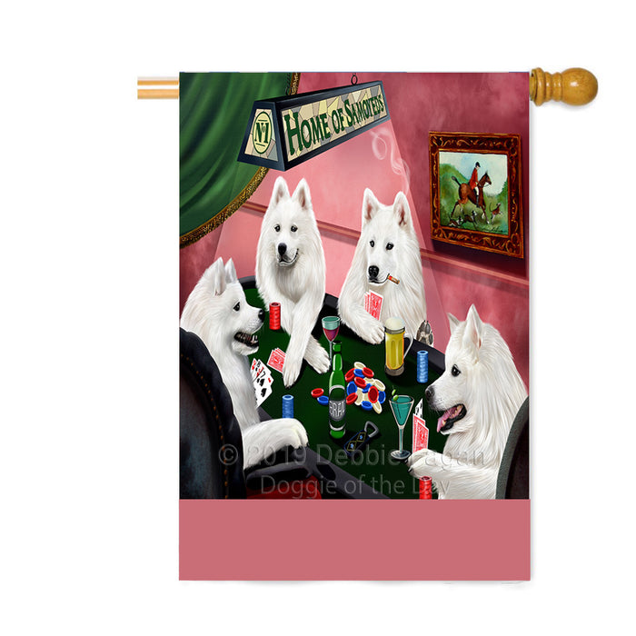 Personalized Home of Samoyed Dogs Four Dogs Playing Poker Custom House Flag FLG-DOTD-A60349