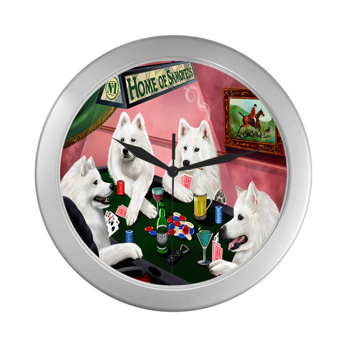 Home of Samoyed Dogs Playing Poker Silver Wall Clocks