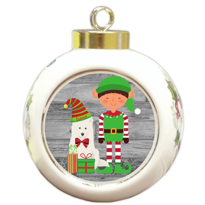 Custom Personalized Samoyed Dog Elfie and Presents Christmas Round Ball Ornament