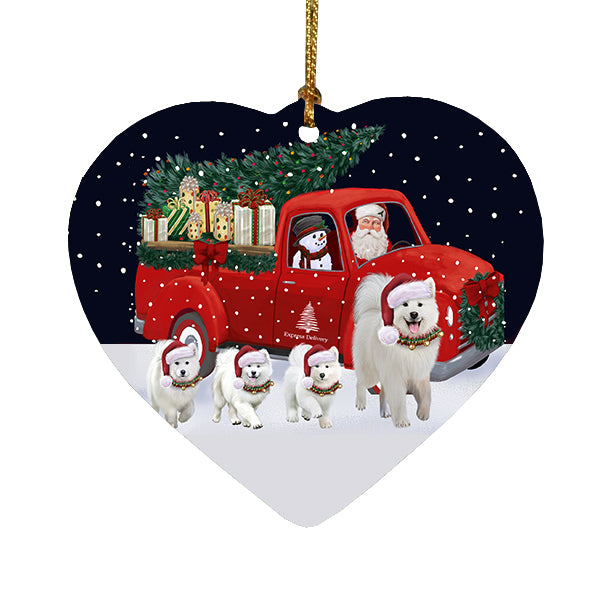 Christmas Express Delivery Red Truck Running Samoyed Dogs Heart Christmas Ornament RFPOR58116