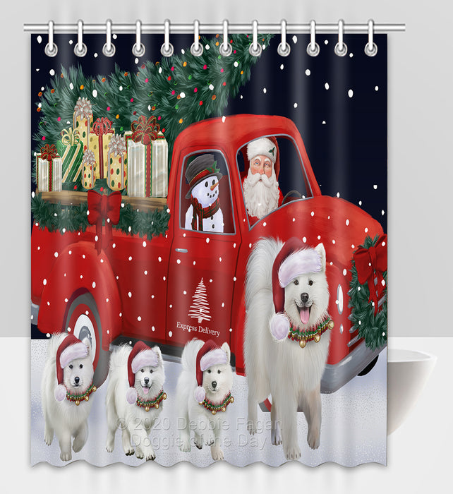 Christmas Express Delivery Red Truck Running Samoyed Dogs Shower Curtain Bathroom Accessories Decor Bath Tub Screens