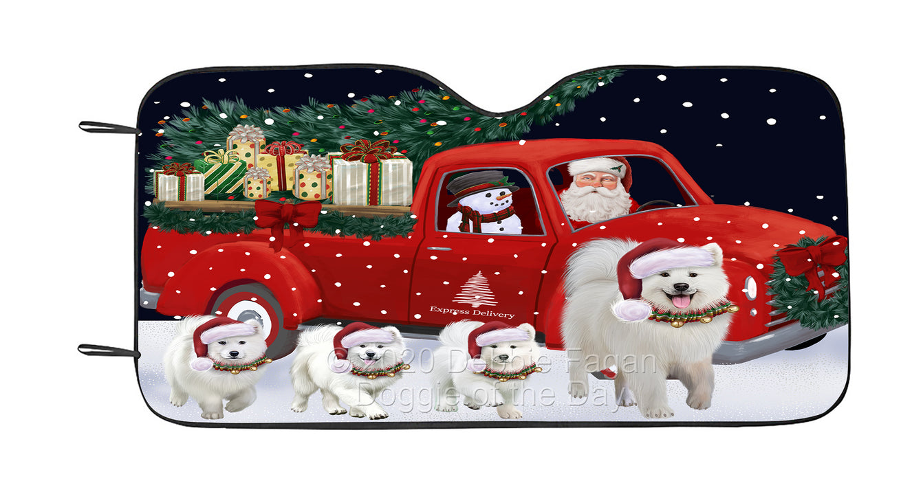 Christmas Express Delivery Red Truck Running Samoyed Dog Car Sun Shade Cover Curtain