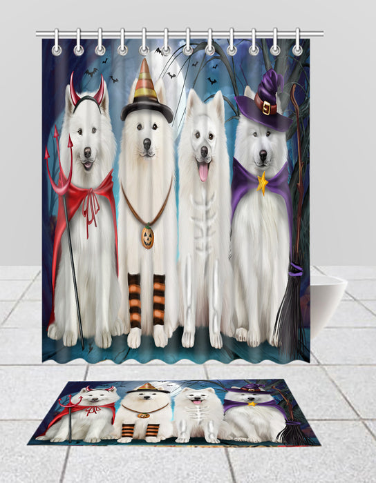 Halloween Trick or Teat Samoyed Dogs Bath Mat and Shower Curtain Combo