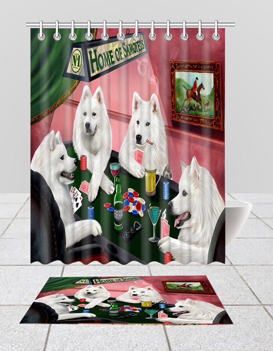 Home of  Samoyed Dogs Playing Poker Bath Mat and Shower Curtain Combo