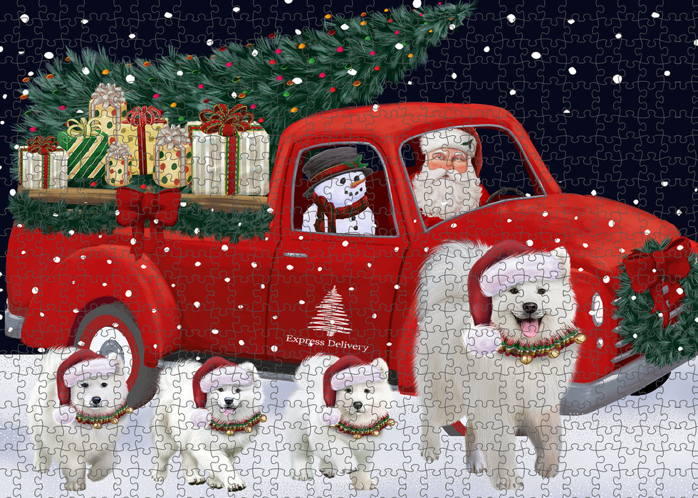 Christmas Express Delivery Red Truck Running Samoyed Dogs Puzzle with Photo Tin PUZL99796