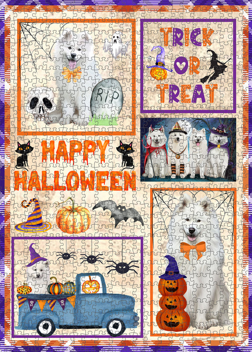Happy Halloween Trick or Treat Samoyed Dogs Portrait Jigsaw Puzzle for Adults Animal Interlocking Puzzle Game Unique Gift for Dog Lover's with Metal Tin Box