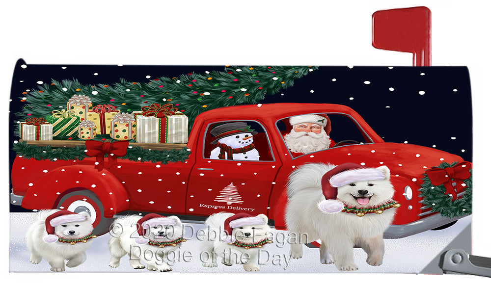 Christmas Express Delivery Red Truck Running Samoyed Dog Magnetic Mailbox Cover Both Sides Pet Theme Printed Decorative Letter Box Wrap Case Postbox Thick Magnetic Vinyl Material