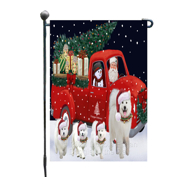 Christmas Express Delivery Red Truck Running Samoyed Dogs Garden Flag GFLG66490