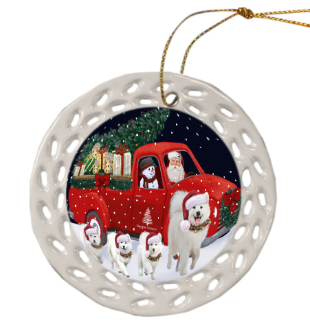 Christmas Express Delivery Red Truck Running Samoyed Dog Doily Ornament DPOR59293