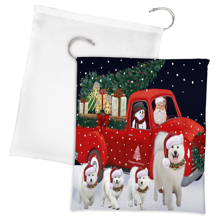 Christmas Express Delivery Red Truck Running Samoyed Dogs Drawstring Laundry or Gift Bag LGB48926