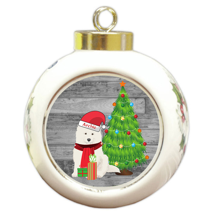 Custom Personalized Samoyed Dog With Tree and Presents Christmas Round Ball Ornament