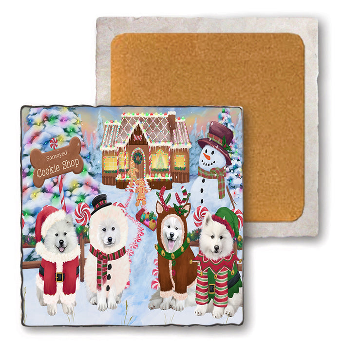 Holiday Gingerbread Cookie Shop Samoyeds Dog Set of 4 Natural Stone Marble Tile Coasters MCST51615