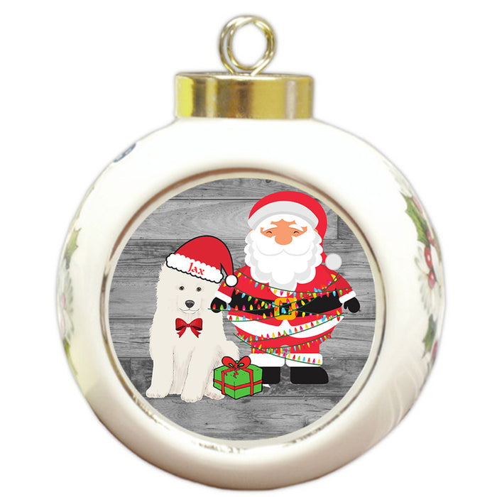 Custom Personalized Samoyed Dog With Santa Wrapped in Light Christmas Round Ball Ornament