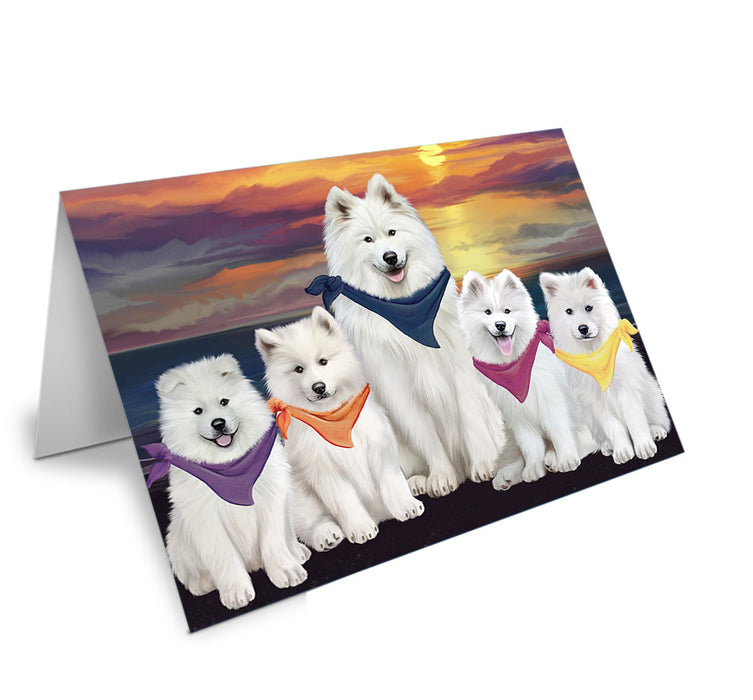 Family Sunset Portrait Samoyeds Dog Handmade Artwork Assorted Pets Greeting Cards and Note Cards with Envelopes for All Occasions and Holiday Seasons GCD54857