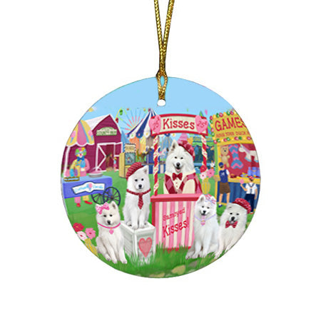 Carnival Kissing Booth Samoyeds Dog Round Flat Christmas Ornament RFPOR56277