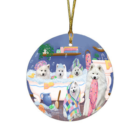 Rub A Dub Dogs In A Tub Samoyeds Dog Round Flat Christmas Ornament RFPOR57174