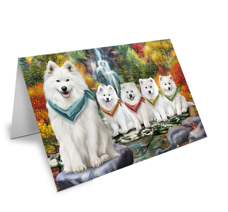 Scenic Waterfall Samoyeds Dog Handmade Artwork Assorted Pets Greeting Cards and Note Cards with Envelopes for All Occasions and Holiday Seasons GCD52493