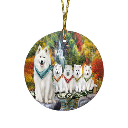 Scenic Waterfall Samoyeds Dog Round Flat Christmas Ornament RFPOR49513