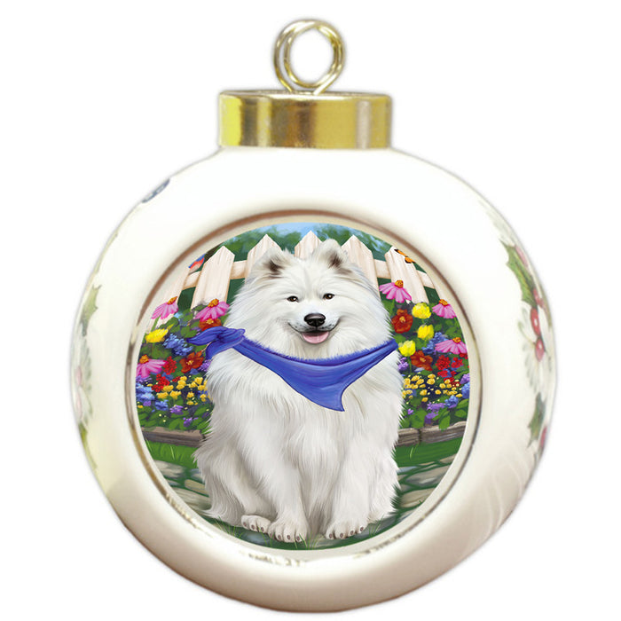 Spring Floral Samoyed Dog Round Ball Christmas Ornament RBPOR52147