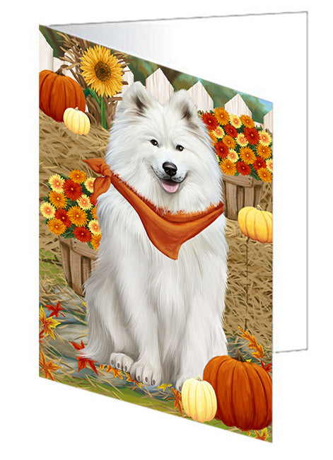 Fall Autumn Greeting Samoyed Dog with Pumpkins Handmade Artwork Assorted Pets Greeting Cards and Note Cards with Envelopes for All Occasions and Holiday Seasons GCD56573