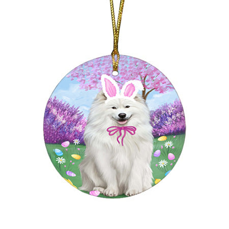 Samoyed Dog Easter Holiday Round Flat Christmas Ornament RFPOR49233