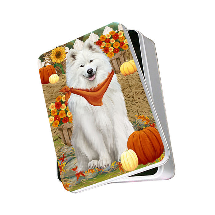 Fall Autumn Greeting Samoyed Dog with Pumpkins Photo Storage Tin PITN50848